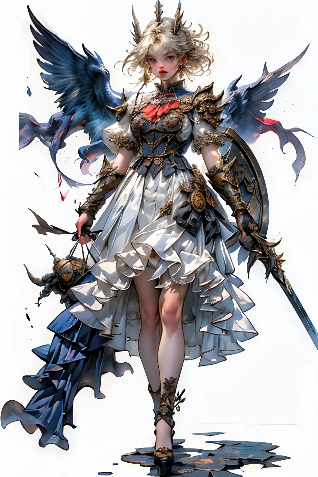 ((best quality)), ((masterpiece)), (detailed), blank white background, plain background, white background, Bloodborne inspired, occult aesthetic, occult, detailed and intricate steampunk and detailed gothic, NSFW, Very dramatic and cinematic lighting, cosmic horror, grim-dark, side-lighting, perfect face, a beaituful goddess valkyrie adorned and enshrined in armour, Bloodborne inspired valkyrie, occult aesthetic valkyrie, occult valkyrie, detailed and intricate steampunk and detailed gothic valkyrie, wielding a sword and holding a shield, NSFW, Fluttering lace flared long knee length dress with frilly petticoats, knee length dress, pleated petticoats, ta dress, petticoats gothic loliside-lighting, gothic lolita aetic, beautiful small breasts, small breasts, full body, whole body, body, plain background, white background, blank background, no background, white background NSFW, full body, whole body, head-to-toe