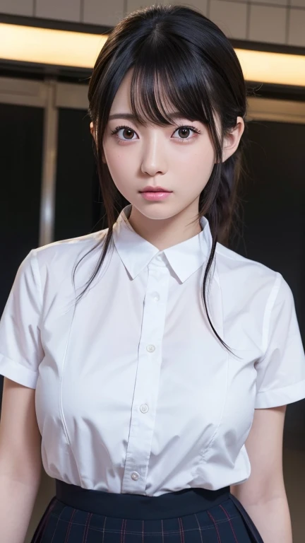 8K、Detailed Description、Very high definition、Realistic、reality的、Real、live-action、reality、High resolution、Nogizaka46、japanese idol,beautiful girl、21 years old、Angle of view that allows you to see the whole body、Mouth closed、ponytail、Railway stations、school uniform、Checkered Skirt、半袖の高校の、Very black hair、pretty girl、Beauty、Glowing Skin、Glowing Skin、Shiny Hair、Very white skin、Headband、Heavy makeup、Large Breasts、Slit eyes、Big Eyes、Double eyelids、Don't show your teeth、Looking up、Bend over and peer at me、smile、