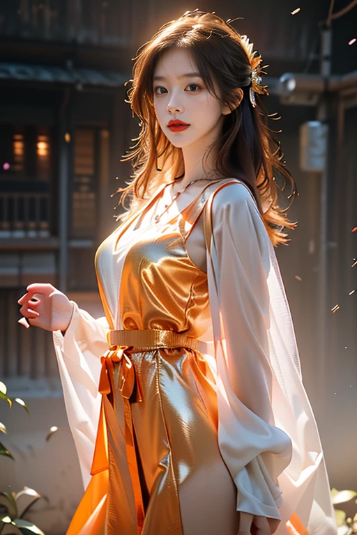 (8K Ultra HD、Digital SLR Camera、Soft Light、high quality、Volumetric Lighting、frank、photo、high resolution、4k、8K、Bokeh)，(Rich details on the eyes and face，warm color, Very saturated colors，Show a charming smile, mouth closed, Balanced Eyes， Perfect face, Pretty Face, black eyes，Skin is transparent and visible, Shirasawa skin，cosmetic, necklace, Jewelry，veil，Hair accessories)，(Create stunning images of real girls, warm light, Dynamic poses, Elegant Posture, Cowboy lens, Front full body，Look confident from the front，Body facing the camera，Standing，Open your legs slightly，Golden Ratio Graphics，Minimalism, ), （Deep mountain waterfall background）, Chinese female students，brown hair、Gradient hairstyles，Cyberpunk hairstyle，（Sexy，Perfect breast shape、Very detailed breasts，34E cup），see through silhouette, Transparent orange dress，（High waist，Waist hollow，Levain），Flesh-colored socks.（Clear knee-length socks、garter、腿部garter）