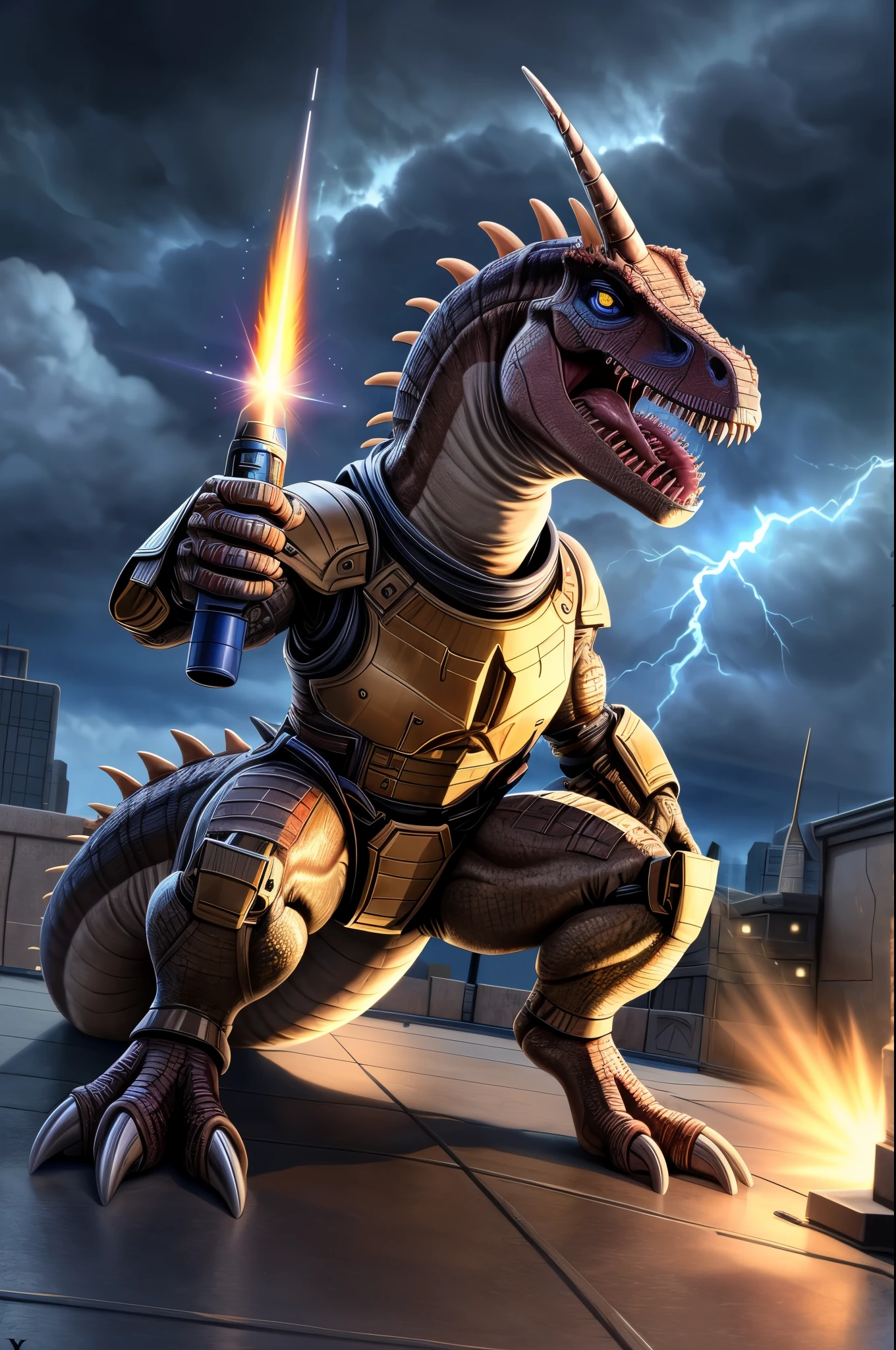 (((dinosaur character, full body, cinematic setting, lizard male))), futuristic armor, Here I come, drop your jaws to the floor I'm riding on my (((mighty laser-shooting dinosaur))) Here we come, can you hear him roar? Prepare for epic fight and his (((laser missiles))) The sound is boom, boom, boom for every time a goblin dies Let's sing now, here we go, hear my battle cries (((Made of metal))) from the moon Assembled by samurai His battery gets charged by thunderstorm With most advanced AI Devouring trolls and unicorns From his maw there comes a flame Burning away our enemies And therefore we proclaim BREAK, detailed background of warzone, 8K, (masterpiece:1.5), intricate details, highly detailed, extreme detail, octane render, fine art, best quality, highres, (detailed face:1.5), ((full_body)), UHD, (((perfect hands))), low light