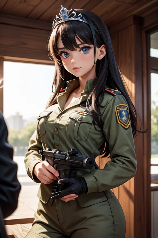 A woman in military uniform with a tiara on her head