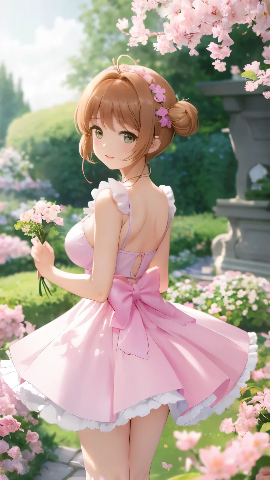 Delicate Composition, hyper detailed, best quality, blurry foreground, dynamic view, 1 girl, (seductive smile:0.6), solo, large breasts, hair in takes, beautiful detailed garden, fluttered detailed petal, grow, white fishnets, kinomoto sakura, standing, (looking back at viewer), microskirt