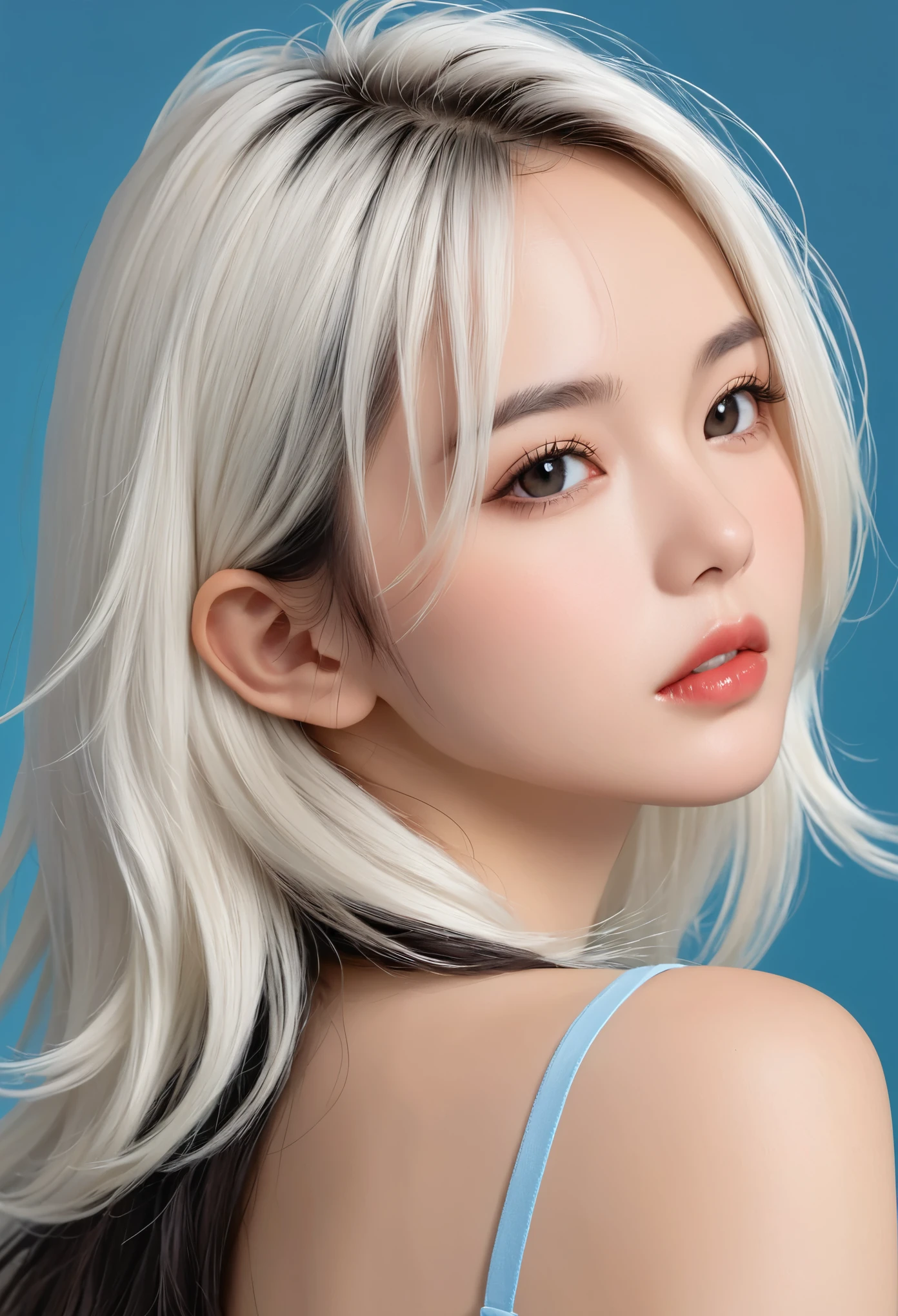 Realistic, masterpiece, highest quality, highest resolution, A portrait depicting only the upper body of a Japanese woman, He looks happy and smiles with his mouth slightly open., slightly turned to the side, definitely looking at the audience, beautiful detailed eyes, black eyes, thin eyebrows, Carefully draw eyelashes, natural makeup, brown eyeliner, light orange cheek, light colored lipstick, short hair, Silver hair with blue tips, detailed face, Simple design black turtleneck sweater, simple design silver earrings, Silver necklace with a tiny crescent moon charm