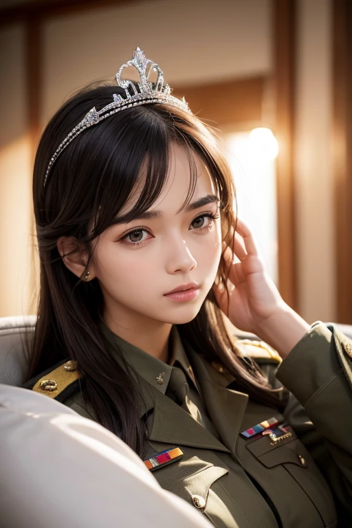 A woman in military uniform with a tiara on her head