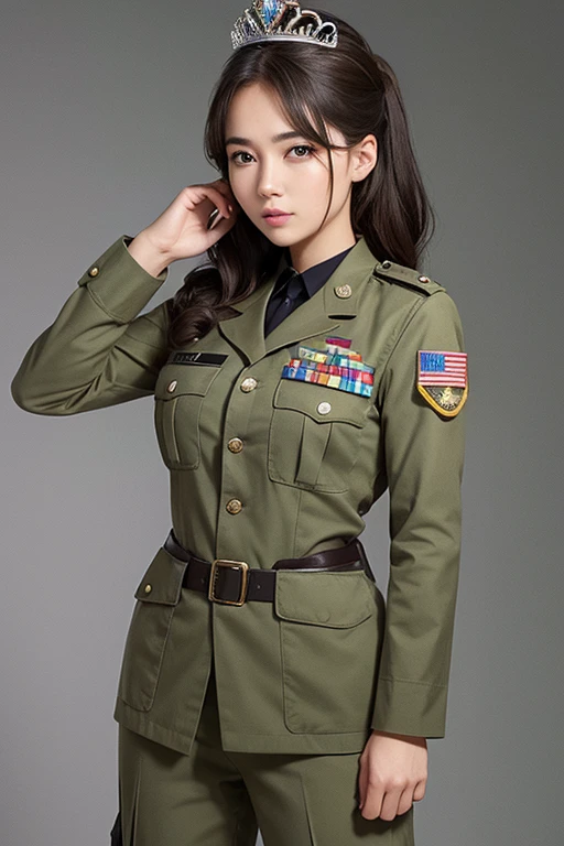 A woman in military uniform with a tiara on her head