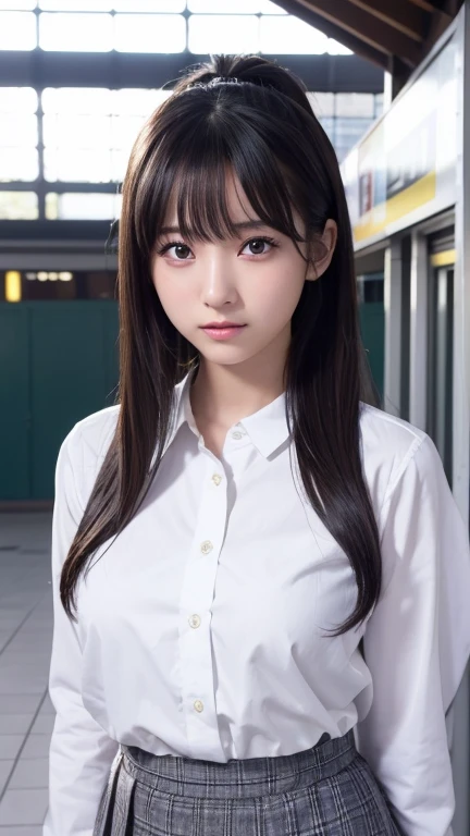 8K、Detailed Description、Very high definition、Realistic、reality的、Real、live-action、reality、High resolution、Nogizaka46、japanese idol,beautiful girl、21 years old、Angle of view that allows you to see the whole body、Mouth closed、ponytail、Railway stations、school uniform、Checkered Skirt、半袖の高校の、Very black hair、pretty girl、Beauty、Glowing Skin、Glowing Skin、Shiny Hair、Very white skin、Headband、Heavy makeup、Large Breasts、Slit eyes、Big Eyes、Double eyelids、Don't show your teeth、Looking up、Bend over and look down here、smile、