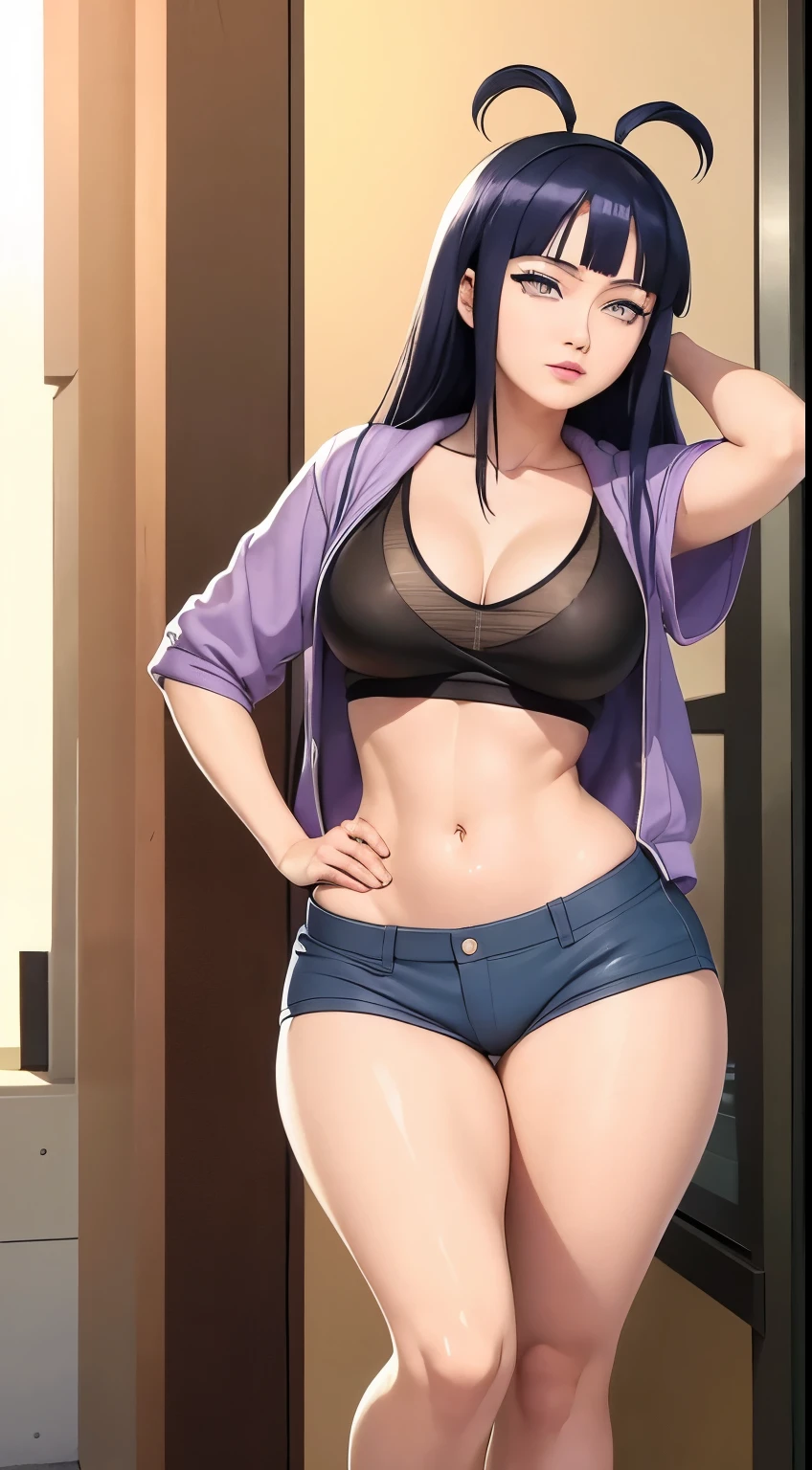 Hinata Hyuga, 90s, Hip Hop Fashion, suburb, brooklyn 1993, Extremely Realistic, very beautiful, sexy, Big ass, thick legs, wearing short shorts, perky butt, Hip Hop style, 90s, extremely beautiful
