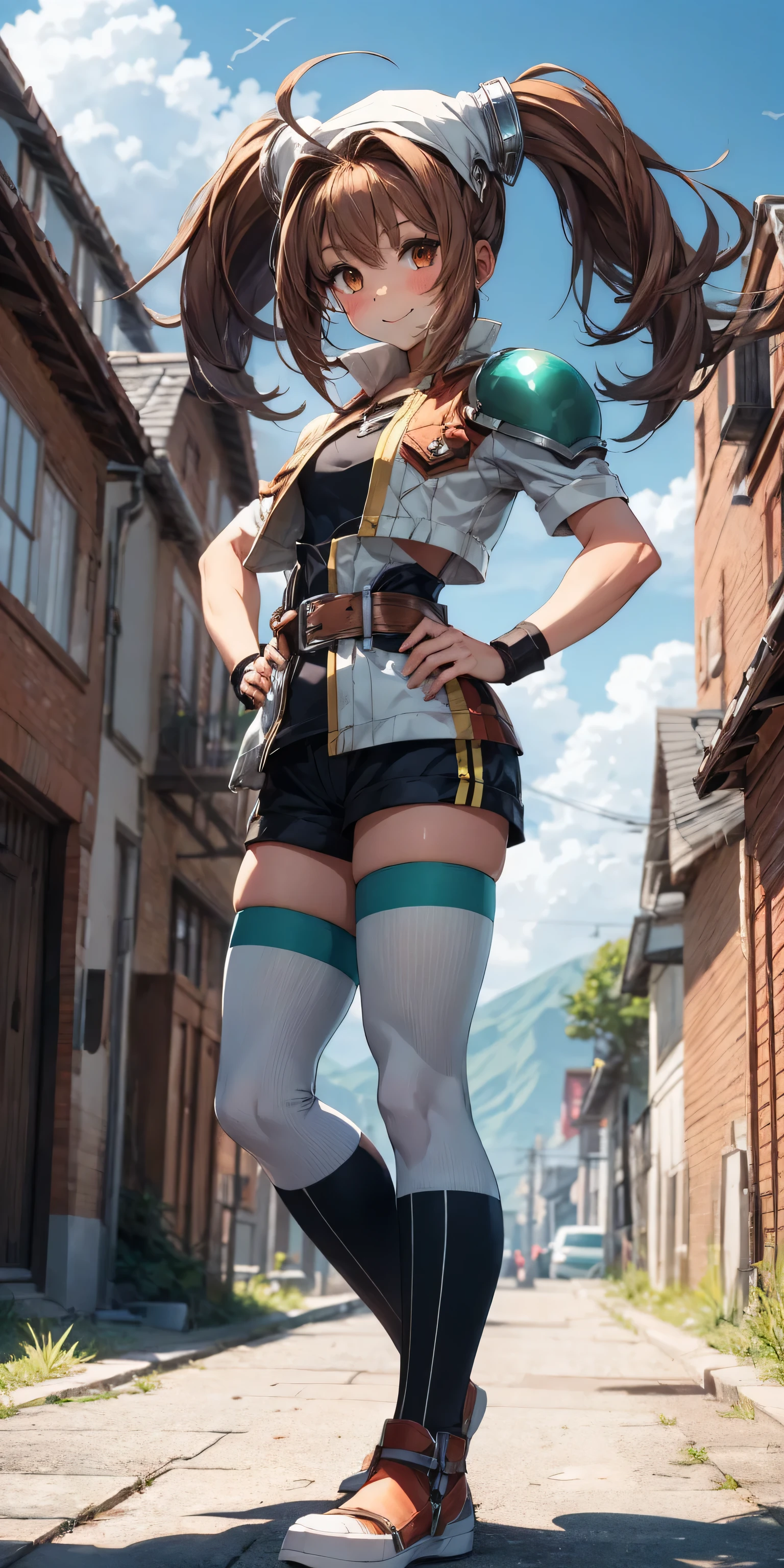 a woman standing at a symmetrical low angle, from below, barefoot, smiling lustfully with red blush, hands on hips, big knockers (high quality, best render), (beautiful girl, cammy)
score_9, score_8_up, score_7_up, source_anime, 
BREAK,
Millium Orion, blue hair, short hair, antenna hair, ahoge, yellow eyes,  flat chest, black hat, headwear, black and yellow vest, white shoulder armor, zipper,  white shorts, black thighhighs, green belt, white boots,
BREAK,
1girl, solo, happy, looking at viewer, full body,
BREAK,
asamura hiori
BREAK,
1girl, outdoors, sky, clouds, distant mountains, full body , shoes, 8K,  1girl, adult,  smile, (blush), (shy), looking at viewer,  dynamic angle, wind, game cg, fantastic scenery, bulge, bulge in shorts, femboy