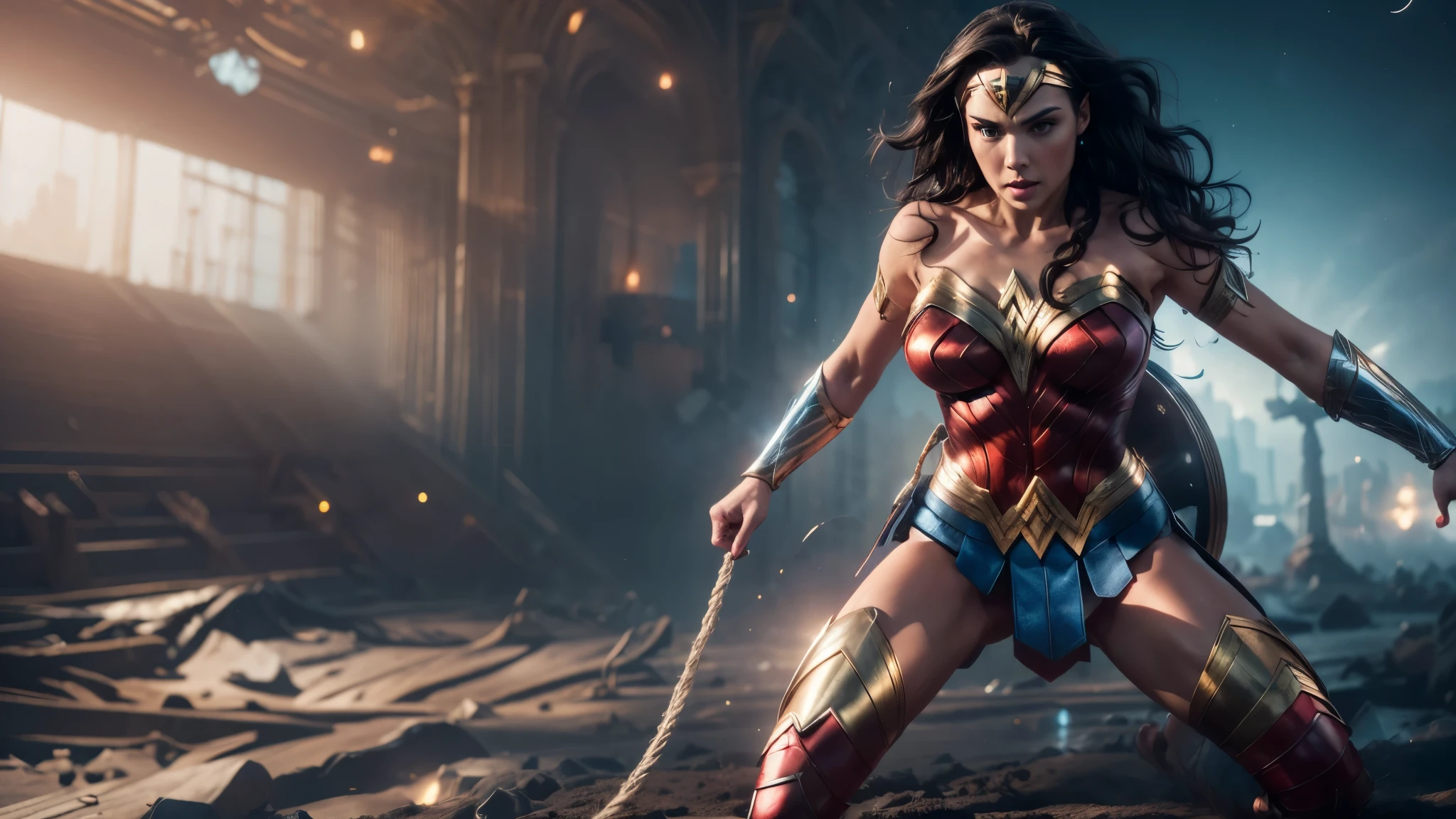 Scene from Movie, Wonder Woman from DC Close-Up, Distorted Space, Distorted Undead in the Background, Lens Flares, Light Shafts, Intricate Details, High Detailed, Volumetric Lighting, 4k Rendering, Stock Photo, Hyper-Realistic, Realistic Textures, Dramatic Lighting, Unreal Engine