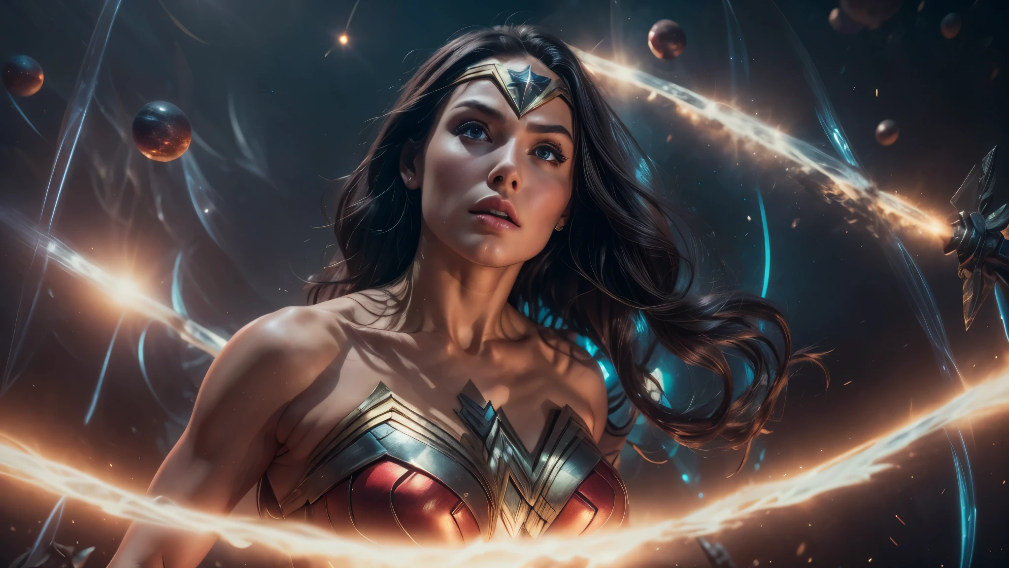 Scene from Movie, Wonder Woman from DC Close-Up, Distorted Space, Distorted Undead in the Background, Lens Flares, Light Shafts, Intricate Details, High Detailed, Volumetric Lighting, 4k Rendering, Stock Photo, Hyper-Realistic, Realistic Textures, Dramatic Lighting, Unreal Engine