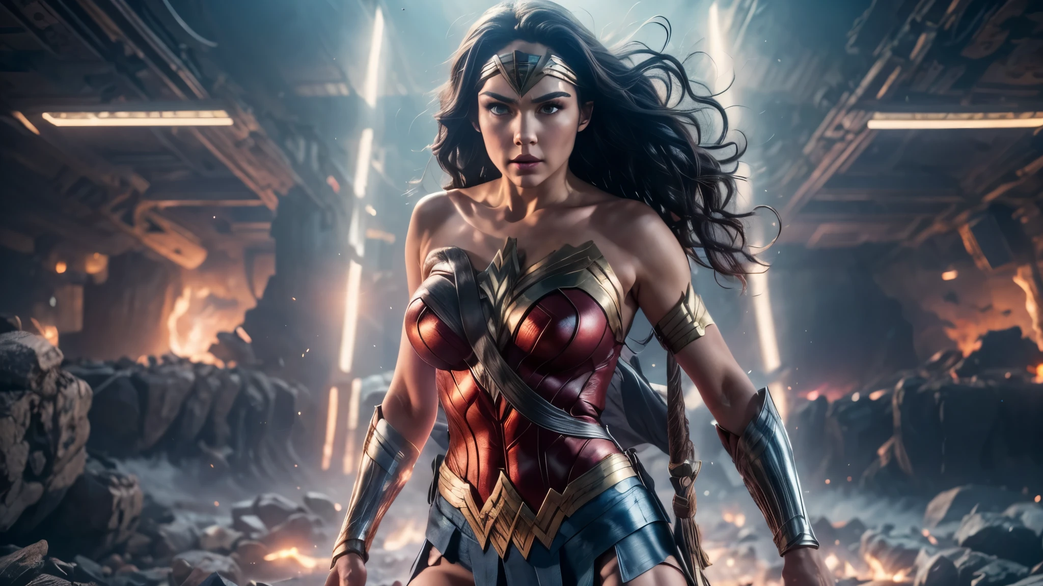Scene from Movie, Wonder Woman from DC Close-Up, Distorted Space, Distorted Undead in the Background, Lens Flares, Light Shafts, Intricate Details, High Detailed, Volumetric Lighting, 4k Rendering, Stock Photo, Hyper-Realistic, Realistic Textures, Dramatic Lighting, Unreal Engine
