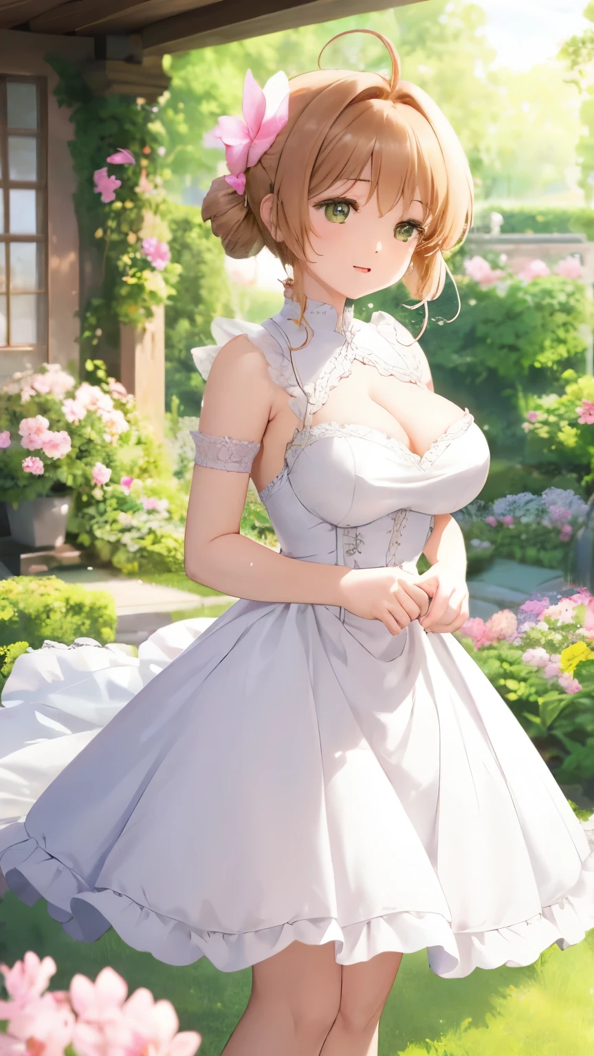 Delicate Composition, hyper detailed, best quality, blurry foreground, dynamic view, 1 girl, (seductive smile:0.6), solo, large breasts, hair in takes, beautiful detailed garden, fluttered detailed petal, grow, white fishnets, kinomoto sakura, standing, microskirt