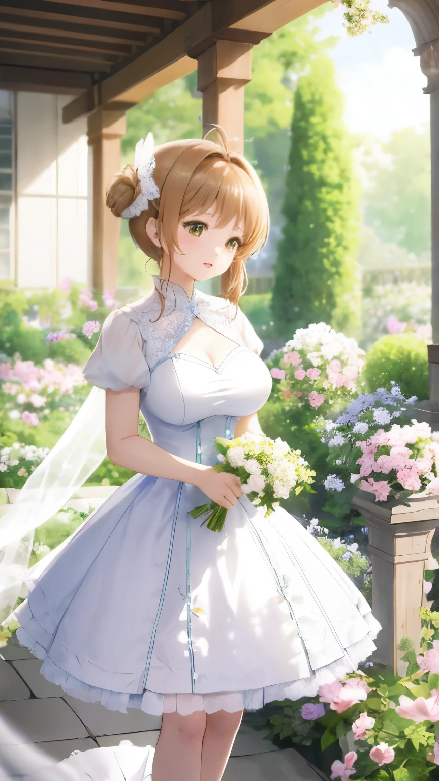 Delicate Composition, hyper detailed, best quality, blurry foreground, dynamic view, 1 girl, (seductive smile:0.6), solo, large breasts, hair in takes, beautiful detailed garden, fluttered detailed petal, grow, white fishnets, kinomoto sakura, standing, microskirt