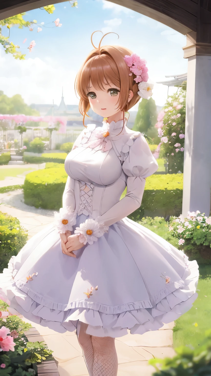 Delicate Composition, hyper detailed, best quality, blurry foreground, dynamic view, 1 girl, (seductive smile:0.6), solo, large breasts, hair in takes, beautiful detailed garden, fluttered detailed petal, grow, white fishnets, kinomoto sakura, standing, microskirt