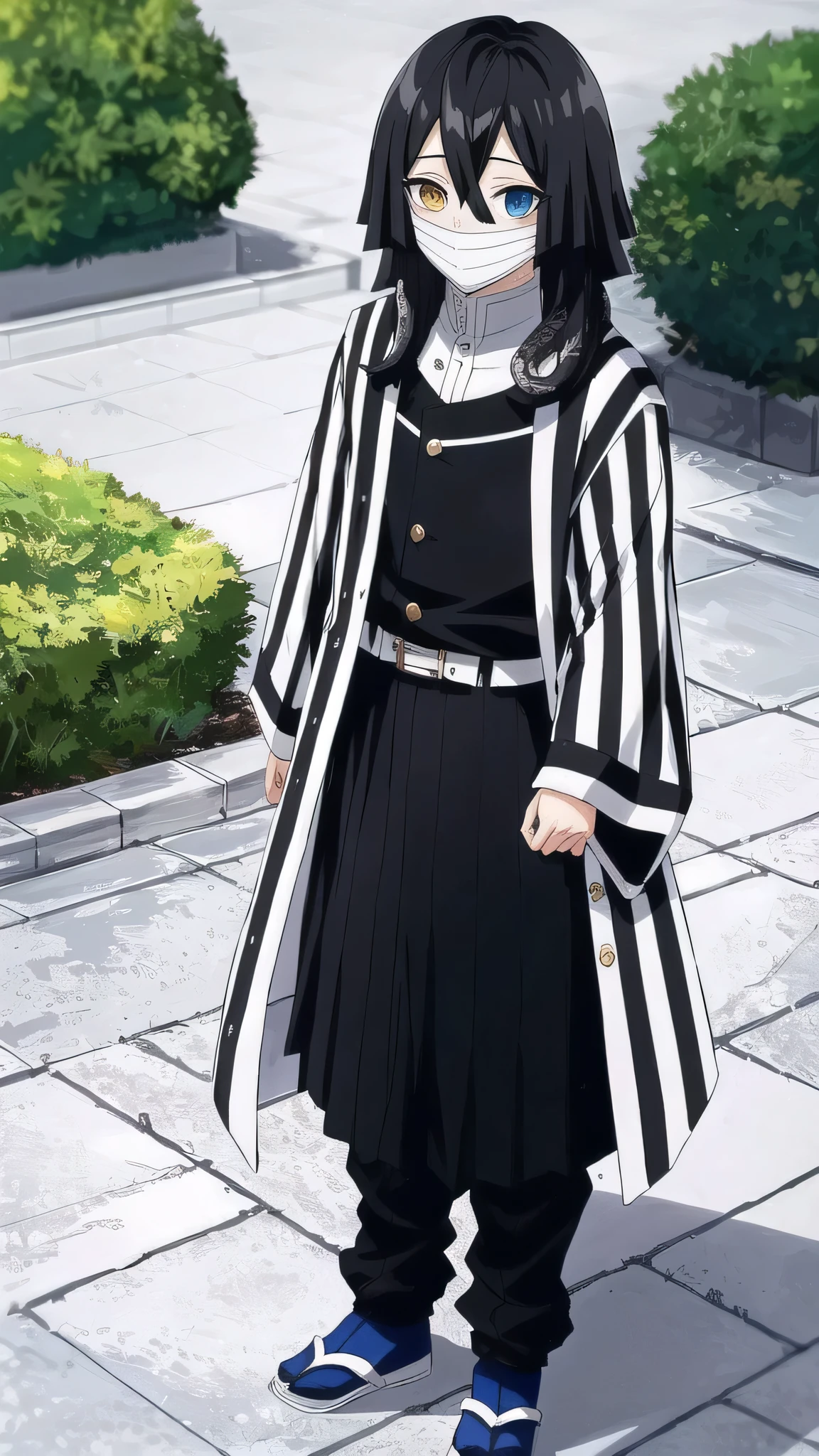 1boy, snake, heterochromia, black hair, male focus, snake, tree, yellow eyes, outdoors, blue eyes, japanese clothes, black pants, hair between eyes, wide sleeves, long sleeves, sky, demon slayer uniform, striped jacket, bangs, iguro obanai, red eyes, cloudy sky, long hair, anime screencap, anime coloring, (full body, standing, idle, looking at viewer)