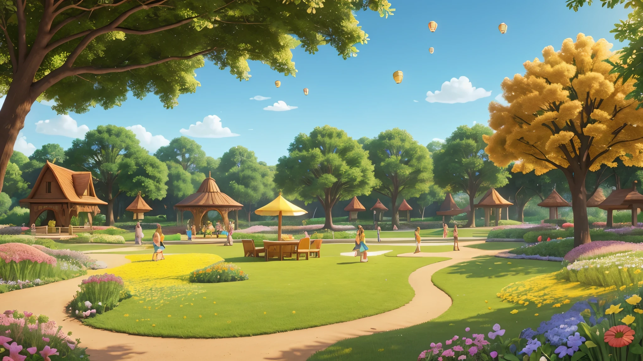 A whimsical, sun-kissed scene unfolds in a vibrant, Disney-Pixar style animated park. The camera frames a lush meadow, where a cluster of colorful characters gather near a sparkling fountain, their joyful faces aglow under the warm, golden light of a setting sun. A fluttering dragonfly flits about, as a group of lively sprites dance and twirl, surrounded by blooming wildflowers and towering trees adorned with glittering lanterns.