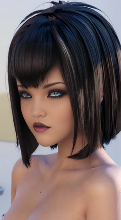 Nudes, Mavis, naugthy Stuning big tits, pussy, makeup gothic, red lipstick, blue eyes short black hair, with bangs, style bob, perfect detailed 3D