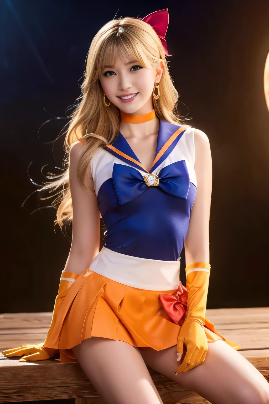 ((Tabletop:1.4, highest quality)), (Realistic photos:1.4),
((1 girl)), (Beautiful actress), (dream-like),
(超High resolution:1.2), Very delicate and beautiful, wonderful, Very detailedな CG Unity 8k 壁紙, Very detailed, High resolution,
Cinema Lighting, Perfect Anatomy, Slender body, (full body), Looking at the camera, Old-fashioned smile,
MinakoAino, (sailor Venus ,hair bow, elbow gloves, neck ribbon, bangs, long hair, circlet, jewelry, flower earrings),
tiara, sailor senshi uniform,
blonde hair, magical girl, blue eyes, orange skirt, elbow gloves, tiara, pleated skirt, red hair bow,
miniskirt, choker, red bow, orange choker, white gloves, very long hair, jewelry, earrings,
(Very big moon), (pose), (Thighs)