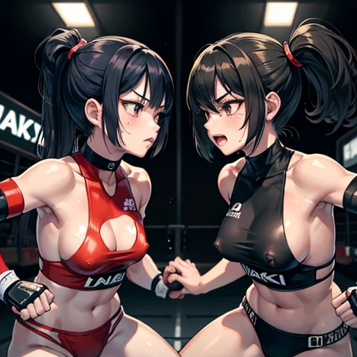 Wearing a monokini。Two beautiful young Japanese female mixed martial artists fighting in the Octagon。Rivals。Covered in blood。Thrusting fist towards opponent。Intense fighting。Face、They look each other in the eye, glare at each other, and punch each other.。Throwing punches。Intense fistfights。Extremely sweaty。Black Hair。Erect nipples。