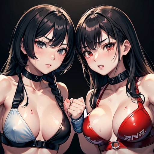 Wearing a monokini。Two beautiful young Japanese female mixed martial artists fighting in the Octagon。Rivals。Covered in blood。Thrusting fist towards opponent。Intense fighting。Face、They look each other in the eye, glare at each other, and punch each other.。Throwing punches。Intense fistfights。Extremely sweaty。Black Hair。Erect nipples。