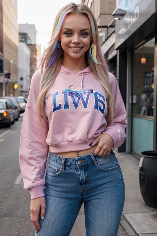 Liv Morgan dressed in a sweatshirt and colorful jeans and a sexy smile