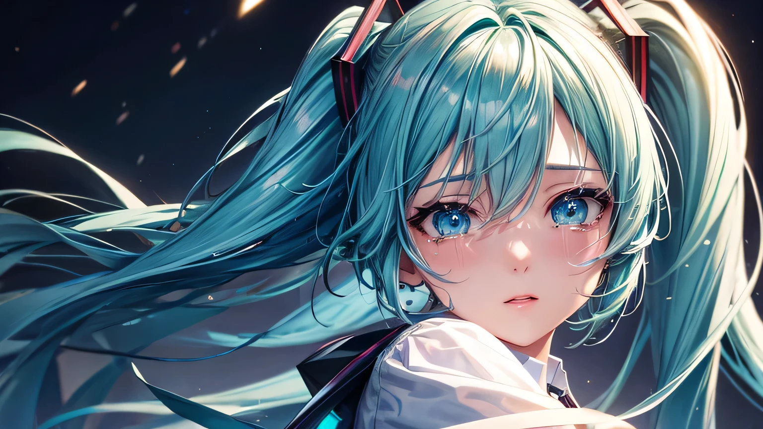 Hatsune Miku: 1.3, Beautiful Hair: 1.2, , night: 1.2,night,Night Town: 1.1, Ultra-high resolution, Accurate, Super detailed, Textured skin, High detail, highest quality, 8k,Thin bangs,Upper Body,Well-drawn eyes, Focus on the face,Oversized shirt,Detailed hair depiction,Detailed depiction of eyes、Detailed depiction of hair、Street lamp、Night Town、Watery eye、Crying face