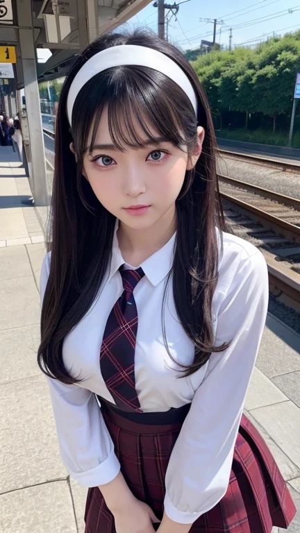 8K、Detailed Description、Very high definition、Realistic、reality的、Real、live-action、reality、High resolution、Nogizaka46、japanese idol,beautiful girl、21 years old、Top view、Mouth closed、ponytail、Knee-up-top angle of view、Railway stations、school uniform、Checkered Skirt、半袖の高校の、Very black hair、pretty girl、Beauty、Glowing Skin、Glowing Skin、Shiny Hair、Very white skin、Headband、Heavy makeup、Large Breasts、Slit eyes、Big Eyes、Double eyelids、Don&#39;t show your teeth、Looking up、Bend over and look down here、smile、
