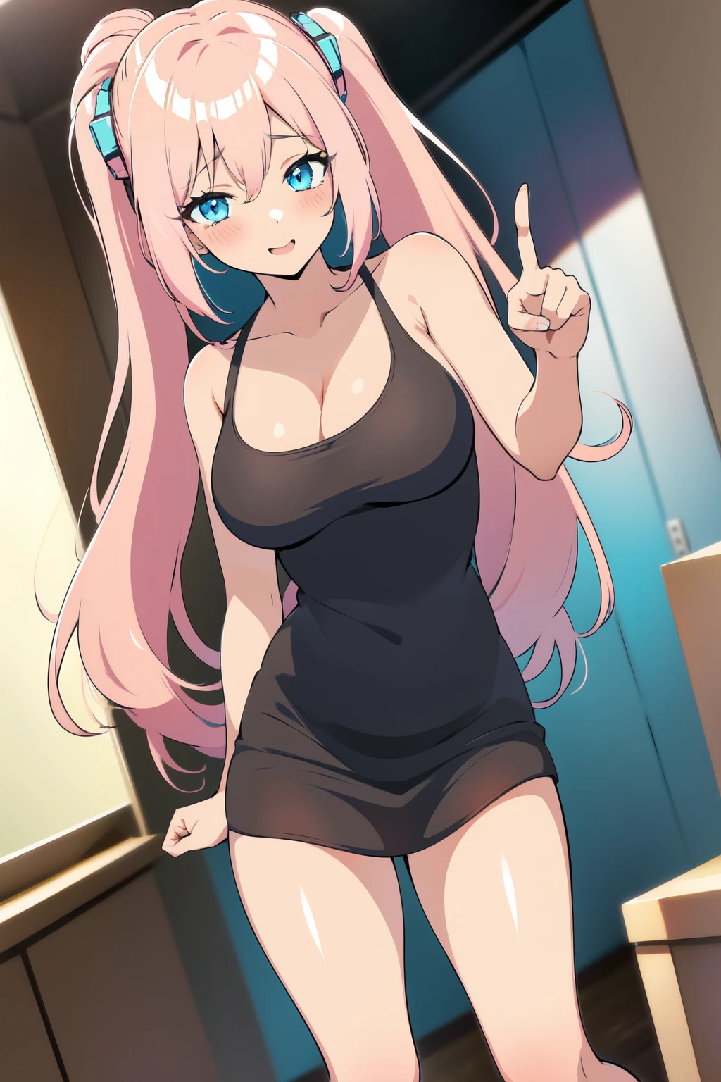 anime girl with pink hair and blue eyes making a peace sign, (1 girl) anime moe artstyle, pink twintail hair and cyan eyes, 2d anime style, shirabii, with index finger, cute anime face, twintails, anime vibes, soft anime illustration, an anime girl, in an anime style, anime visual of a cute girl, anime visual of a cute girl, smooth anime cg art, cute anime girl, young anime girl, an anime girl, female anime character, (anime girl), pretty anime girl, anime character art, anime character, big breast, full breast, large bossom, sexy girl, anime girl, portrait anime girl, anime moe artstyle, sayori, anime best girl (BEAUTIFUL SMILE)