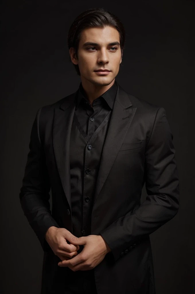 A beautiful men waring a beautiful black cloth for a luxury cloth selling website promotion photoshoot side angles