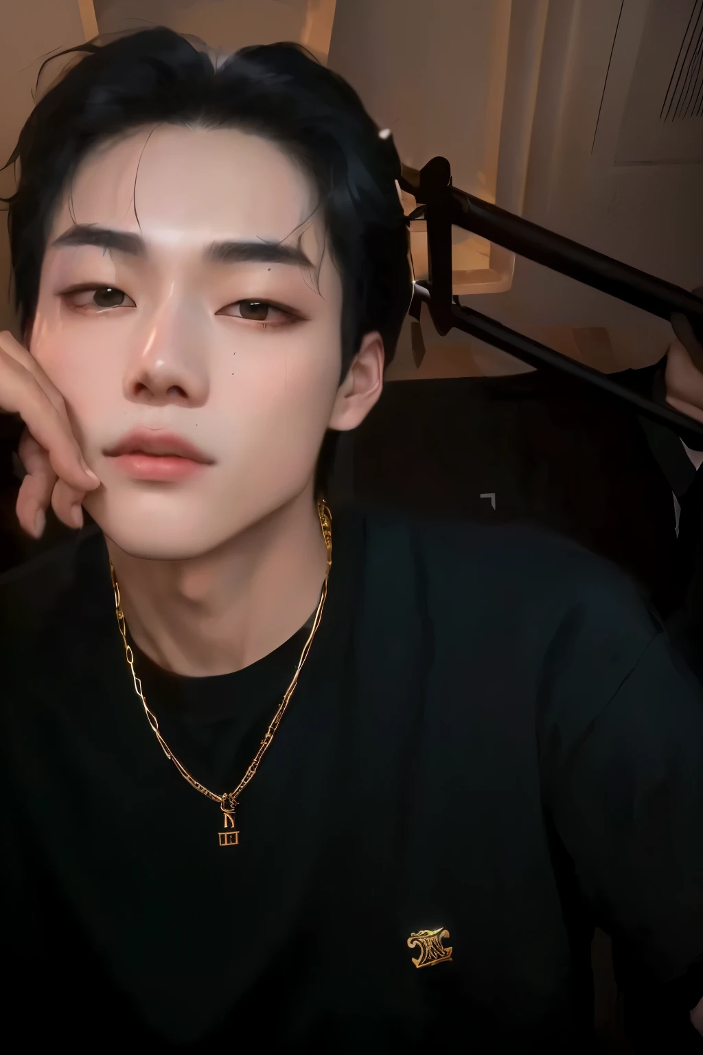 there is a man with a black shirt and a gold chain, 1 7 year old boy, visage maigre, pale adorable korean face, Kim Doyoung, Taehyung Gucci, cai xukun, inspiré de kim taehyung BTS