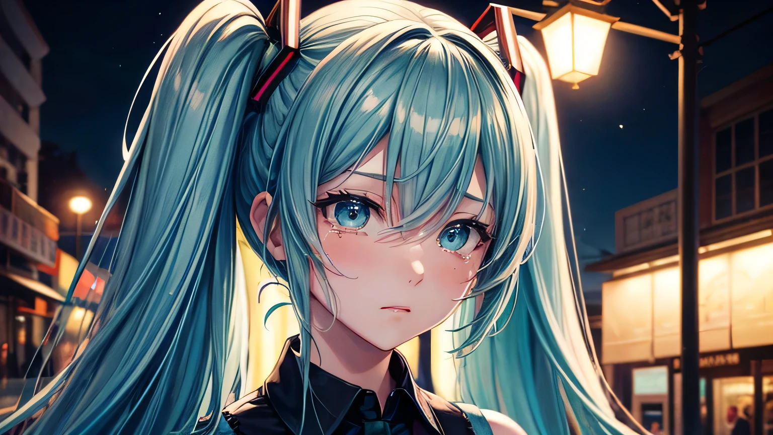 Hatsune Miku: 1.3, Beautiful Hair: 1.2, , night: 1.2,night,Night Town: 1.1, Ultra-high resolution, Accurate, Super detailed, Textured skin, High detail, highest quality, 8k,Thin bangs,Upper Body,Well-drawn eyes, Focus on the face,Oversized shirt,Detailed hair depiction,Detailed depiction of eyes、Detailed depiction of hair、Street lamp、Night Town、Watery eye、Crying face