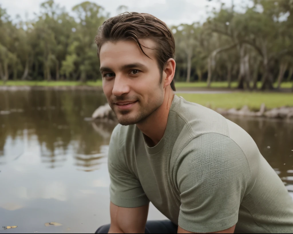 ((Cougar and handsome 35 year old caucasian man with distinguished features kneeling next to each other in the Everglades)), (intriguing green eyes, light brown medium length hair, cropped sides), athletic build, tall height, seductive smile with a gentle expression, detailed depiction of facial features, perfectly symmetrical face, bright outdoor lighting masterfully accentuates his excellent features