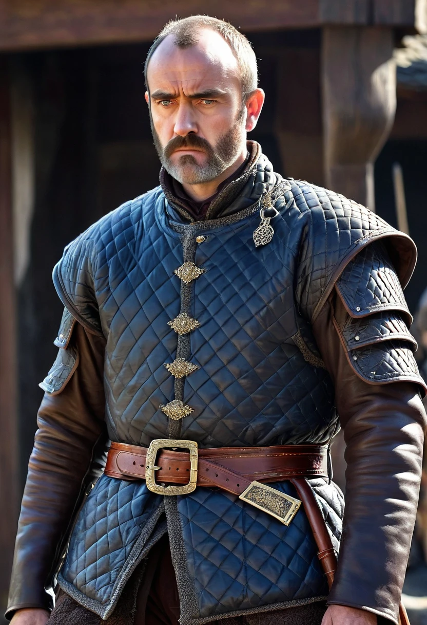 Stannis is a large man , tall, broad-shouldered, sinewy, dark blue eyes, a heavy brow, his head has only a fringe of black hair, close-cropped beard across his large jaw, his face has a tightness to it like cured leather, hollow cheeks, thin pale lips, angry look, he wears studded leather jerkin over quilted doublet, worn boots, breeches of brown rough spun, and a belt studded with garnets and yellow topaz, grey plate armor
