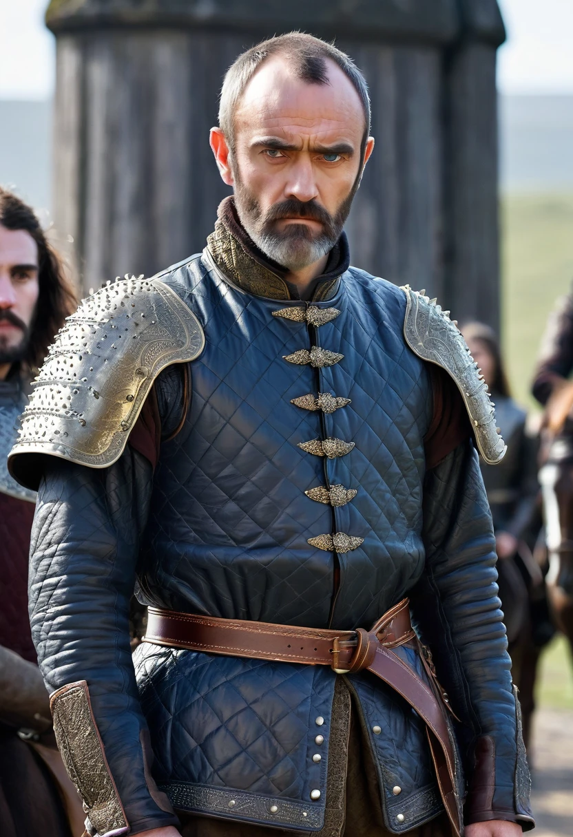 Stannis is a large man , tall, broad-shouldered, sinewy, dark blue eyes, a heavy brow, his head has only a fringe of black hair, close-cropped beard across his large jaw, his face has a tightness to it like cured leather, hollow cheeks, thin pale lips, angry look, he wears studded leather jerkin over quilted doublet, worn boots, breeches of brown rough spun, and a belt studded with garnets and yellow topaz, grey plate armor