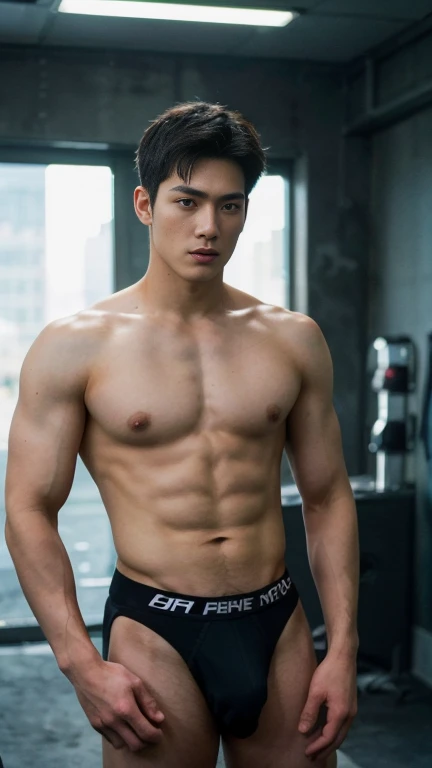 HOMEM COREANO, SEM CAMISA, rosto bonito, PEITO MUSCULAR, volume na cueca, bulge,  grande, futuristic, robot body, lean body, husky, slim, big nice bulge, handsome Korean actor, 2 gay men, 2 men , gay couple, sensual poses, sexy