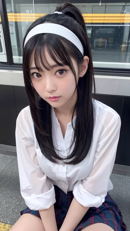 8K、Detailed Description、Very high definition、Realistic、reality的、Real、live-action、reality、High resolution、Nogizaka46、japanese idol,beautiful girl、21 years old、Angle of view that allows you to see the whole body、Mouth closed、ponytail、Railway stations、school uniform、Checkered Skirt、半袖の高校の、Very black hair、pretty girl、Beauty、Glowing Skin、Glowing Skin、Shiny Hair、Very white skin、Headband、Heavy makeup、Large Breasts、Slit eyes、Big Eyes、Double eyelids、Don't show your teeth、Looking up、Bend over and look down here、smile、
