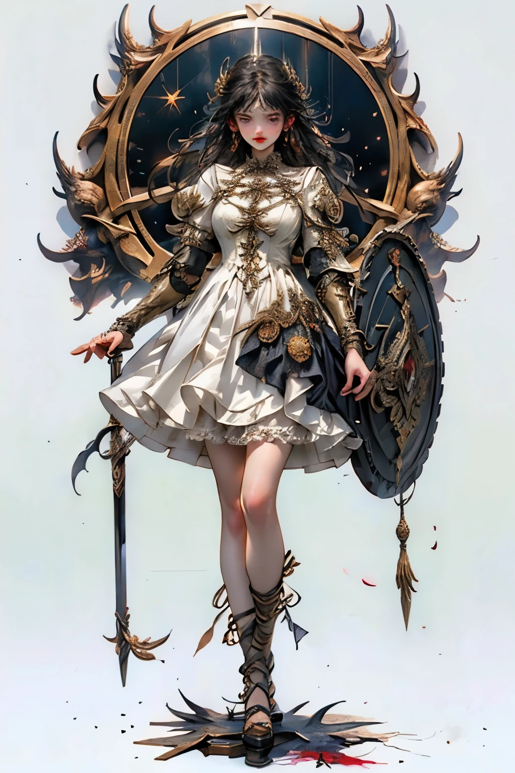 ((best quality)), ((masterpiece)), (detailed), blank white background, plain background, white background, Bloodborne inspired, occult aesthetic, occult, detailed and intricate steampunk and detailed gothic, (zentangle, mandala, tangle, entangle), NSFW, Very dramatic and cinematic lighting, cosmic horror, grim-dark, side-lighting, perfect face, a beaituful goddess valkyrie adorned and enshrined in armour, Bloodborne inspired valkyrie, occult aesthetic valkyrie, occult valkyrie, detailed and intricate steampunk and detailed gothic valkyrie, wielding a sword and holding a shield, NSFW, Fluttering lace flared long knee length dress with frilly petticoats, knee length dress, pleated petticoats, dress, petticoats gothic lolita-lighting, gothic lolita aesthbeautiful small breasts, small breull body, wholebody, plain background, white background, blank background, no background, white background NSFW, full body, whole body, head-to-toe
