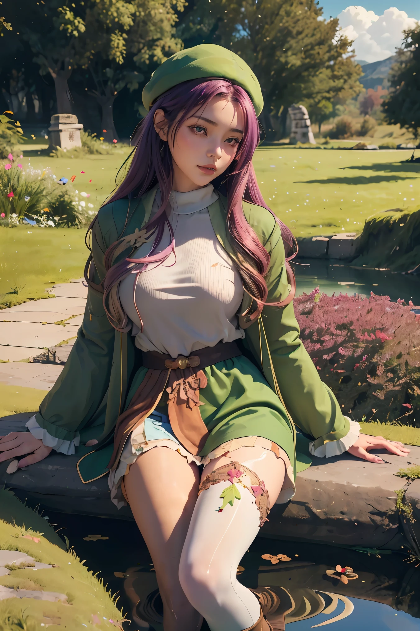 best quality, (masterpiece:1.2), illustration, absurdres,  (1girl, solo), (beautiful detailed girl),, Aeolia, lilac hair, long hair, red eyes, medium breasts,, happy, cheerful,, green hat, hat with feather ornament, green dress, green coat, (fantasy:1.1) (medieval:1.1) outfit, (black_pantyhose:1.1), white shirt, brown shorts, fleece lined boots, brown boots,, magical forest, flowers, fairy ring, ancient ruins, stone ruins, lake, sky, clouds