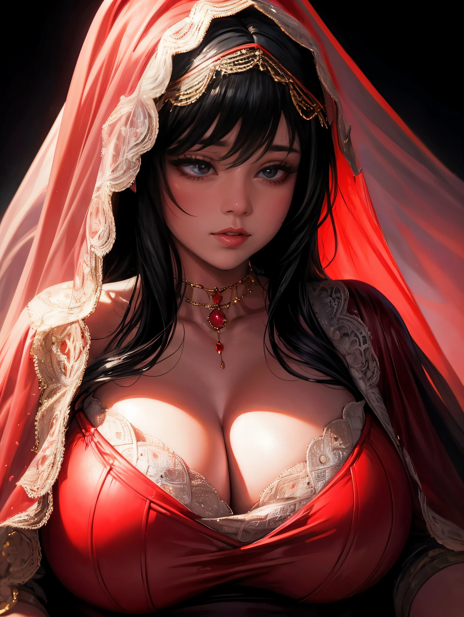 a chubby woman wearing a red veil covering her eyes, placing fingers on her lips, long bright red nails, solid black background, elegant, refined, serene, graceful, high quality, photorealistic, 8k, hyperdetailed, studio lighting, dramatic lighting, dramatic contrast, dramatic colors, cinematic, oil painting, impressionistic