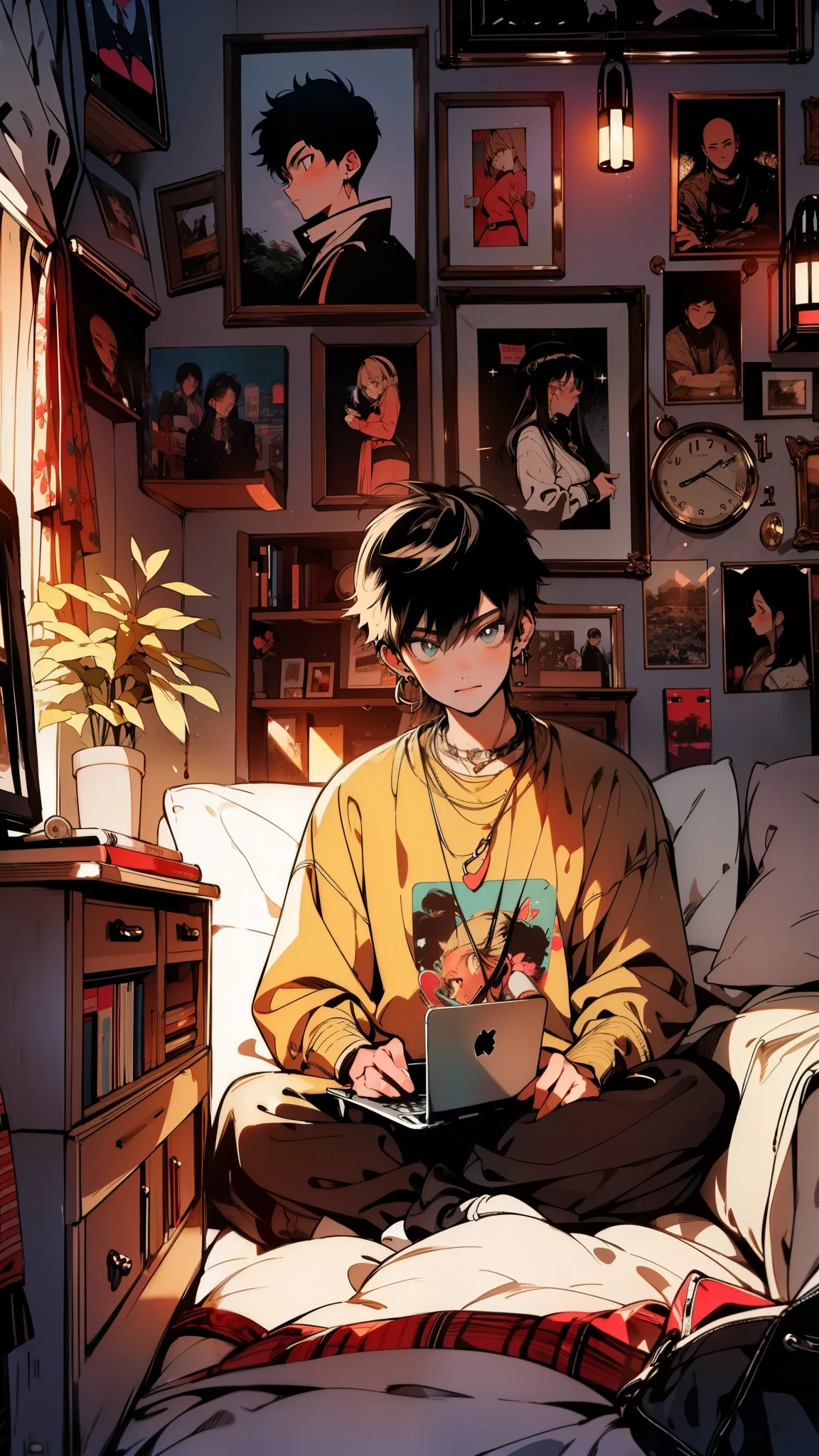 (best quality, 4k, 8k, highres, masterpiece:1.2), ultra-detailed, (anime: 1.2), thicker outlines, anime style, cool and edgy, A teenager sitting in a cozy bedroom, surrounded by vintage posters and fairy lights, browsing through a 2014 Tumblr page on a laptop. The room is filled with eclectic accessories, capturing a candid moment of nostalgia. Warm lighting, soft focus, retro vibe, vibrant pallete, fashionable, posing, colorful, confident, expression, accessory, coiled, around, stylish, striking, modern, fashion