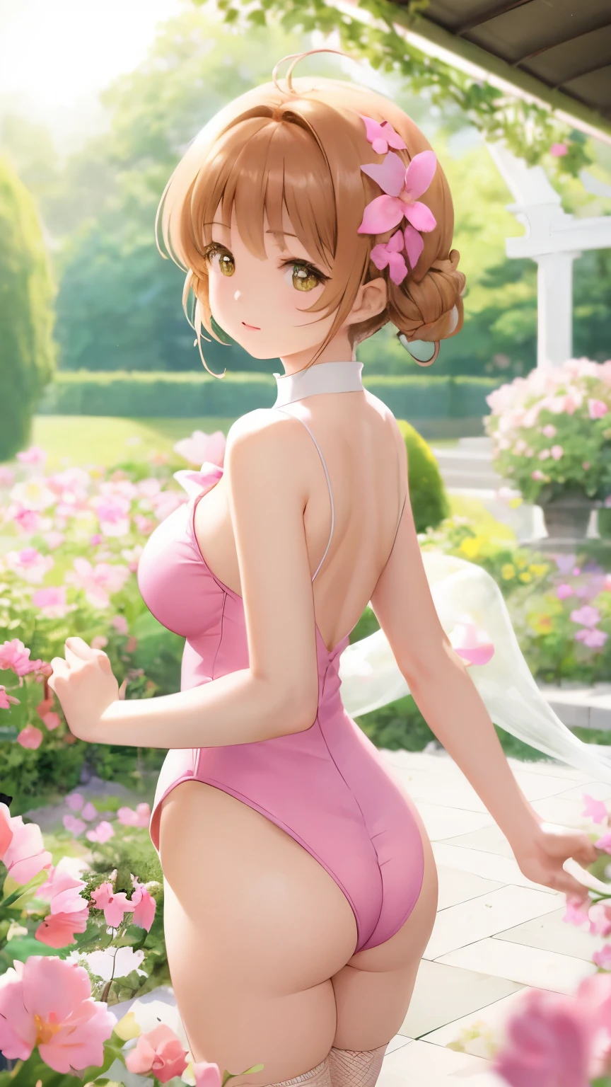 Delicate Composition, hyper detailed, best quality, blurry foreground, dynamic view, 1 girl, (seductive smile:0.6), solo, large breasts, hair in takes, beautiful detailed garden, fluttered detailed petal, grow, (white fishnets), kinomoto sakura, standing, (looking back at viewer), (leotard)
