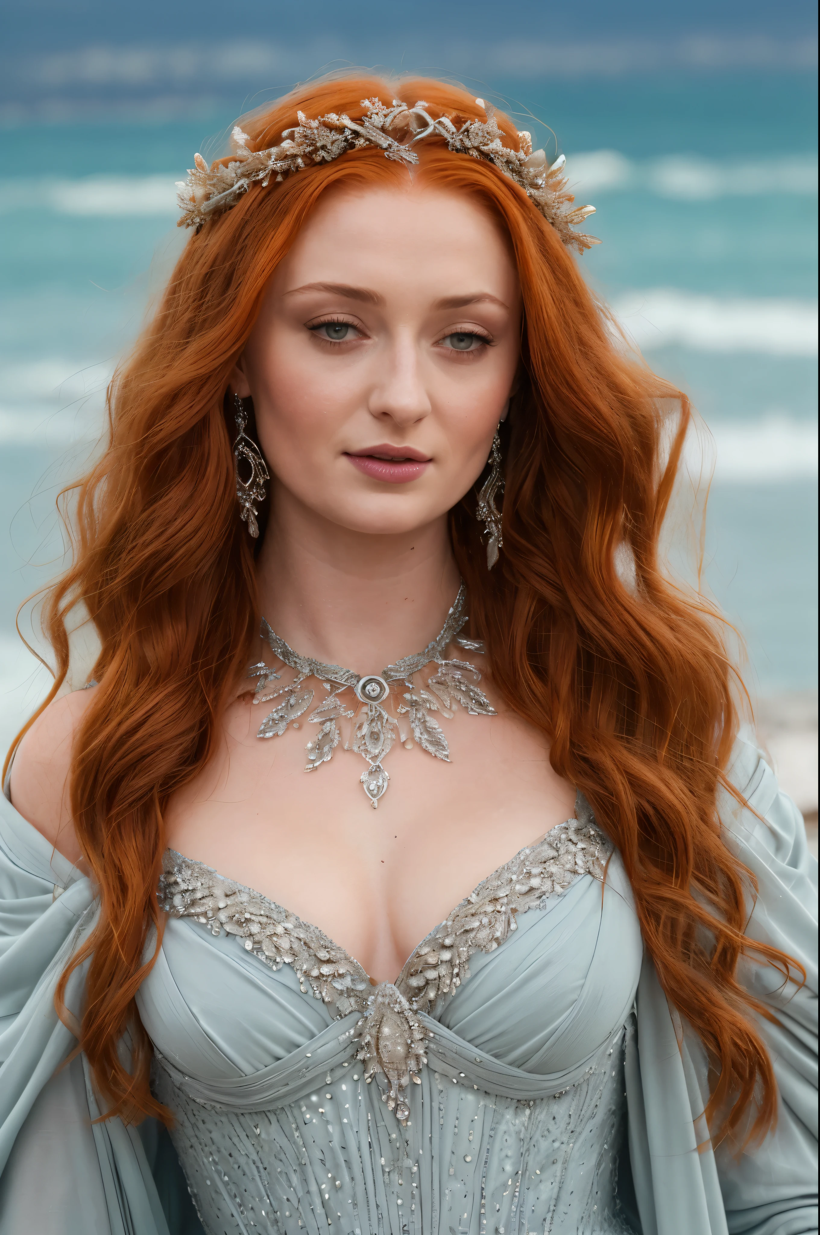 Face of Sophie Turner, Sansa Stark played by Sophie Turner, the de facto Lady of the Eyrie, is a 40-year-old mature queen with a stunning, alluring appearance. Full Face, pierced eyes, reddish lips, upper body shot, erotic Mediaeval costumes, game of thrones costumes, She wears a Game of Thrones-inspired costume and has a deep cleavage, a perfect thick body, and a perfect thick figure. The photograph captures her in a close-up, with her skin texture and facial features being ultra-realistic and realistic. Juicy thick figure, juicy lips, highly detailed armpits, armpits crease, high quality skin, Skin pores, amazing details, 