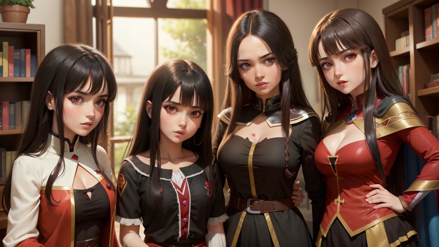 Archmage Megumin (Megumin have black hair, red Eyes) with her 3 age daughters apprentice archimages Esmeralda have brown hair , red eyes, Ruby have Red Hair, green eyes , AriaRose have Black hair, blu eyes, and othes apprentices