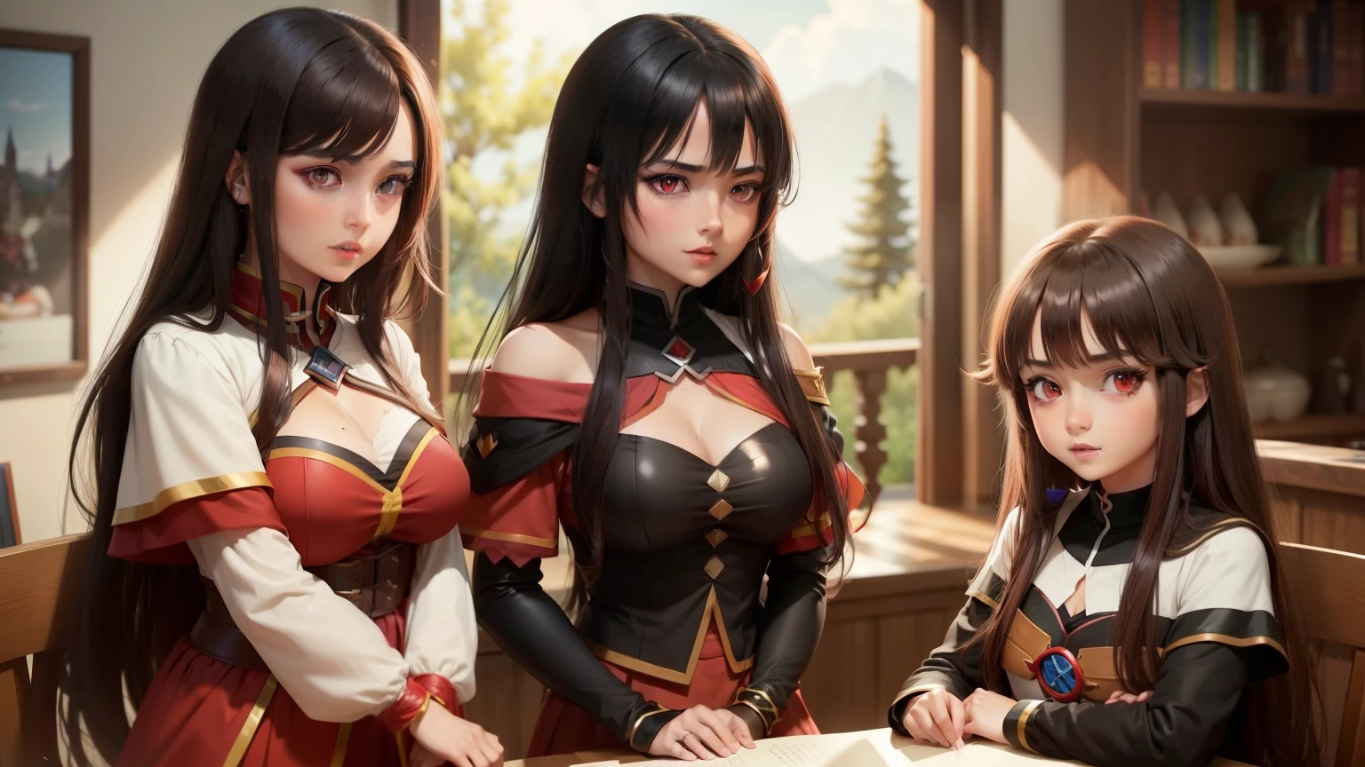 Archmage Megumin (Megumin have black hair, red Eyes) with her 3 age daughters apprentice archimages Esmeralda have brown hair , red eyes, Ruby have Red Hair, green eyes , AriaRose have Black hair, blu eyes, and othes apprentices