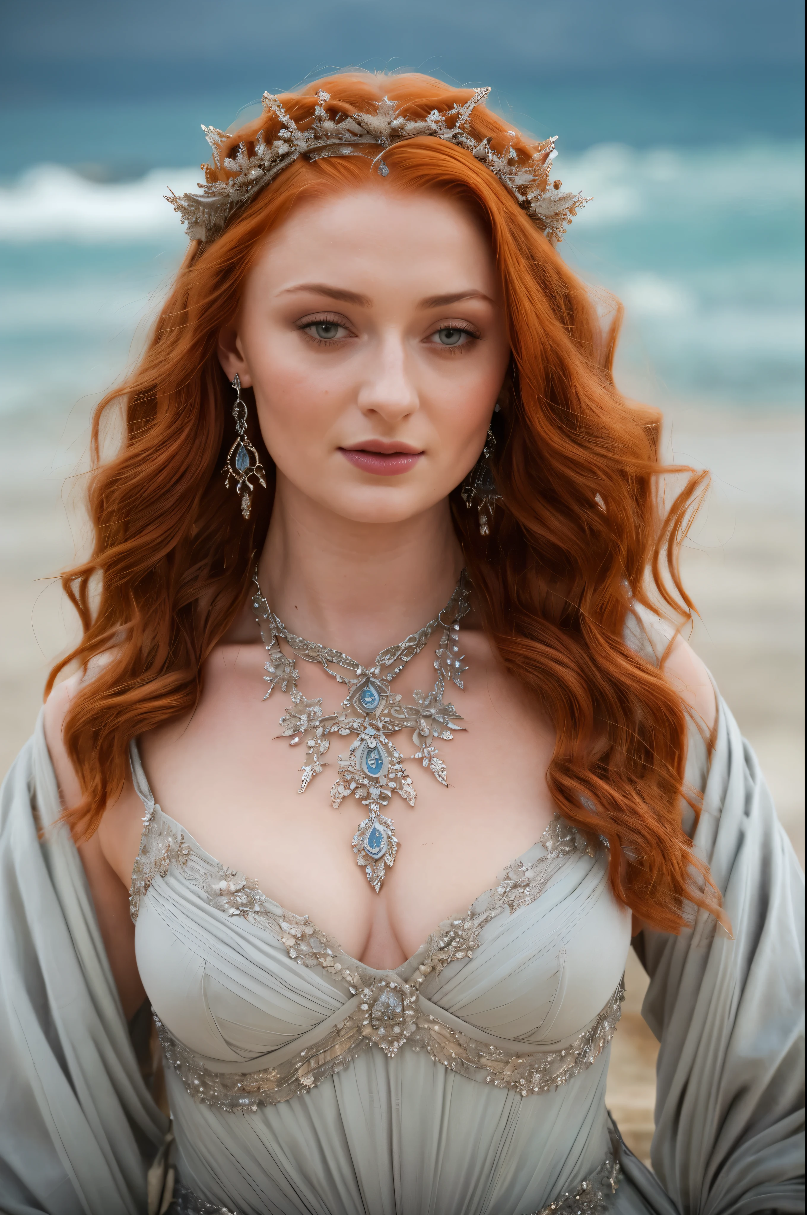 Face of Sophie Turner, Sansa Stark played by Sophie Turner, the de facto Lady of the Eyrie, is a 40-year-old mature queen with a stunning, alluring appearance. Full Face, pierced eyes, reddish lips, upper body shot, erotic Mediaeval costumes, game of thrones costumes, She wears a Game of Thrones-inspired costume and has a deep cleavage, a perfect thick body, and a perfect thick figure. The photograph captures her in a close-up, with her skin texture and facial features being ultra-realistic and realistic. Juicy thick figure, juicy lips, highly detailed armpits, armpits crease, high quality skin, Skin pores, amazing details, 