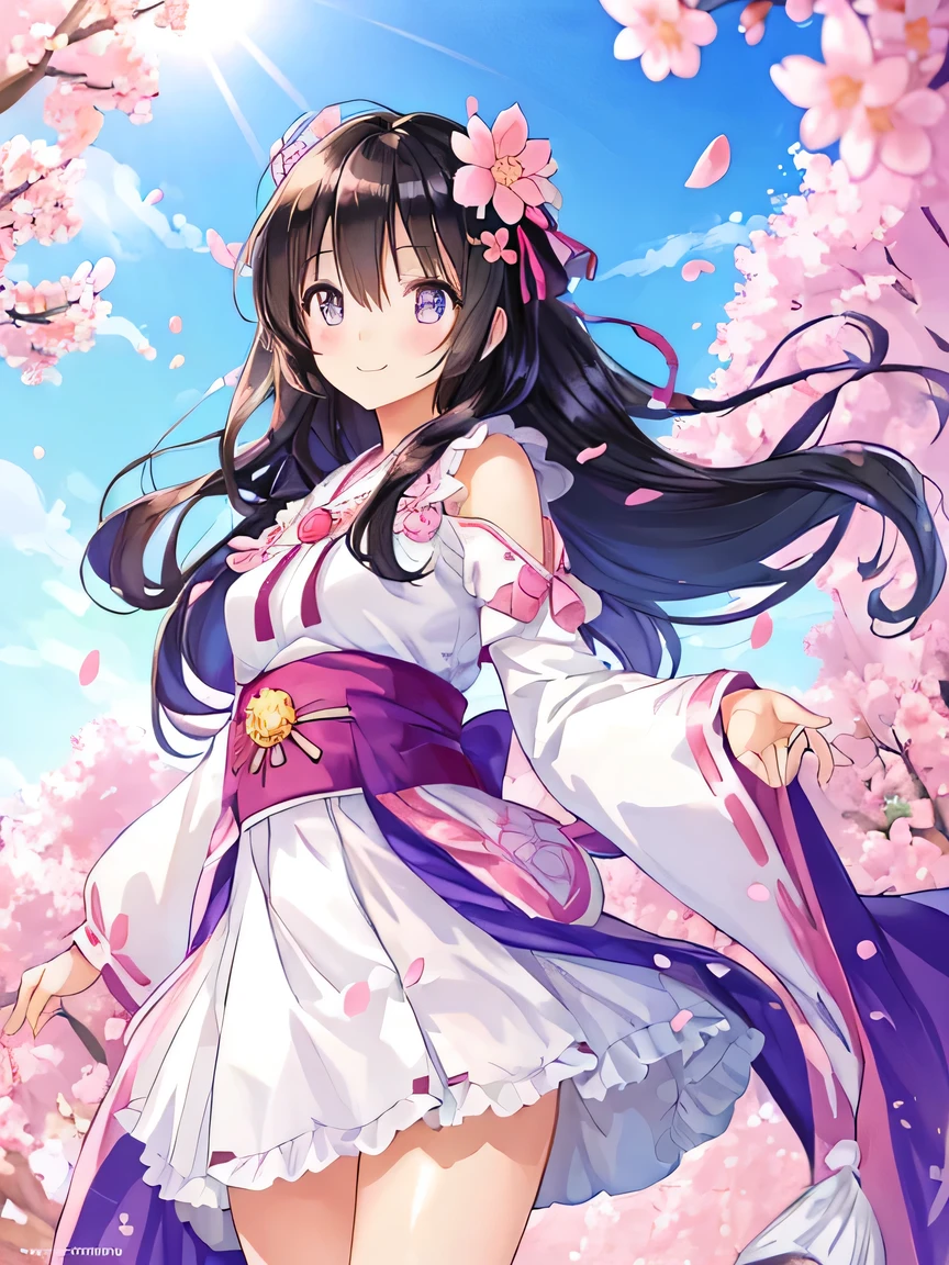 ((masterpiece)), ((best quality)), (ultra-detailed), ((kawaii)), cute, (lovely), illustration, anime style, a cute girl, solo, beautiful black hair, long hair, detailed hair, hair between eyes, (beautiful eyes), outdoors, wind blowing, hair ribbon, standing, smile, sakura petals, serene expression, sunlight, nature, vibrant colors, background scenery, high detail, dynamic pose, elegant, glossy hair, hair ornament, hair strands, subtle blush, realistic shading.