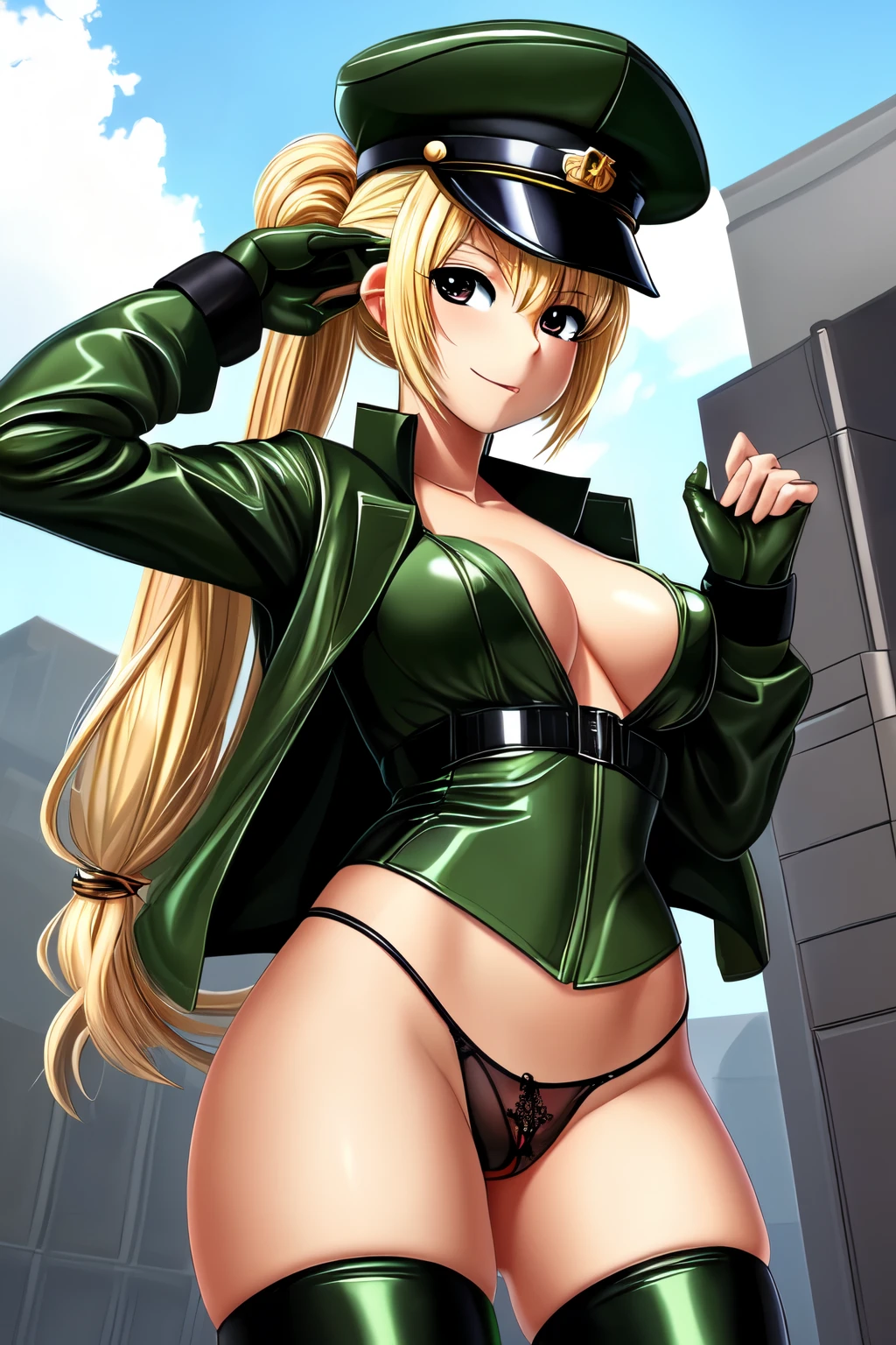 ((Anime girl 18 years old with a confident face, big black eyes, beautiful figure with medium breasts, hairstyle two loose buns down, blonde, she is wearing only a green military vest with very long sleeves, on his head is a green military cap, green gloves, green latex stockings with straps connecting the vest, the pelvis is completely naked and only has black G-strings on it)), ((Very detailed, every detail, Best quality))