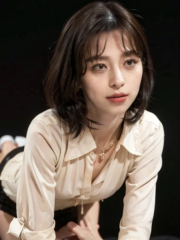 (masterpiece:1.2), (highest quality), (Visible everywhere:1.3) ,(Very detailed), (8k, Complex), (Lens 135mm,f1.8), (Realistic)(Black background:1.3), Portrait Photography, Side lighting,Edge lights up,Best Shadow,Area light source,Perfect Anatomy,perfect face shape,Best for women,Best Female Body,Improves skin texture,Fine fabric pattern,Precise beauty,Delicate and delicate skin,Very detailedな肌,Pale skin,Delicate Hair,Glowing Skin,Very detailedな顔と肌の質感, Shiny skin, Crisp details, 超Realistic, Fine and beautiful skin, 1 female, 30 years old, Japanese women, (thin:Weight 1.0), Small breasts:1.3, ((Bob Hair, short hair, Straight hair, bangs:1.3, Brown Hair)),Pervert woman, (Office Uniforms, ofiice suits, White blouse, Tight mini skirt, Nipples, Nipples), (((Cowgirl))), The buttoned up shirt flutters), necklace, (((Frowning、Open your mouth、Squint your eyes))), (((From below:1.5, Looking at the audience:1.3, close))), Female dog, Browsing Caution,