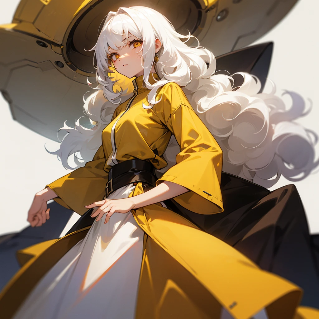 A girl with white hair (CURLY HAIR, LONG HAIR), yellow-eyed, wearing a modern brown dress. NO BACKGROUND. WHITE BACKGROUND.