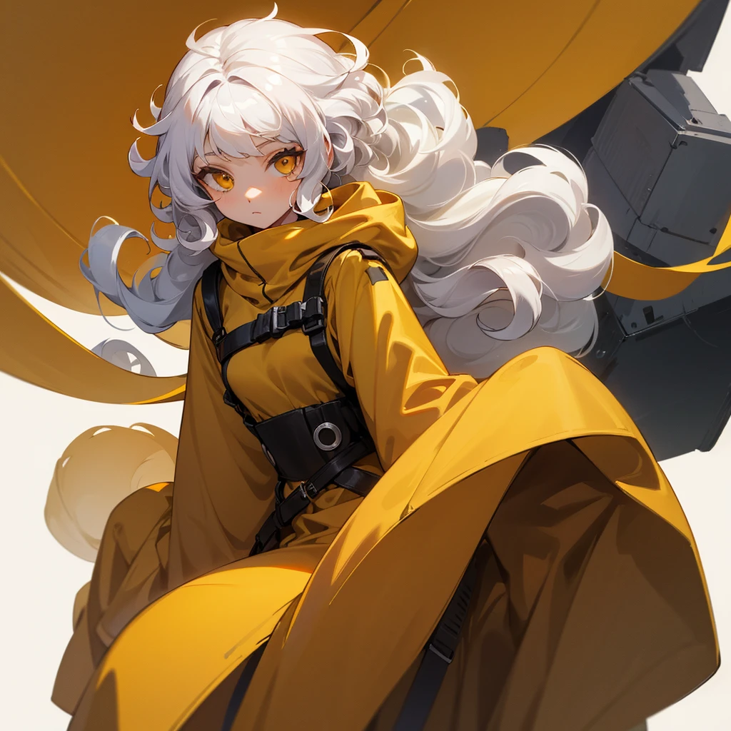 A girl with white hair (CURLY HAIR, LONG HAIR), yellow-eyed, wearing a modern brown dress. NO BACKGROUND. WHITE BACKGROUND.